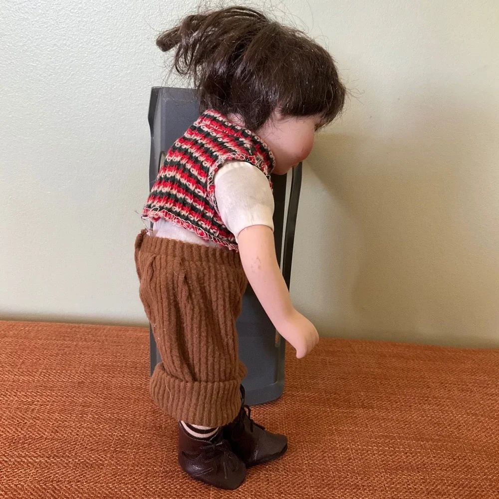 Vintage Porcelain Boy Doll Green‎ Eyes Knit Vest Corduroy Pants 12